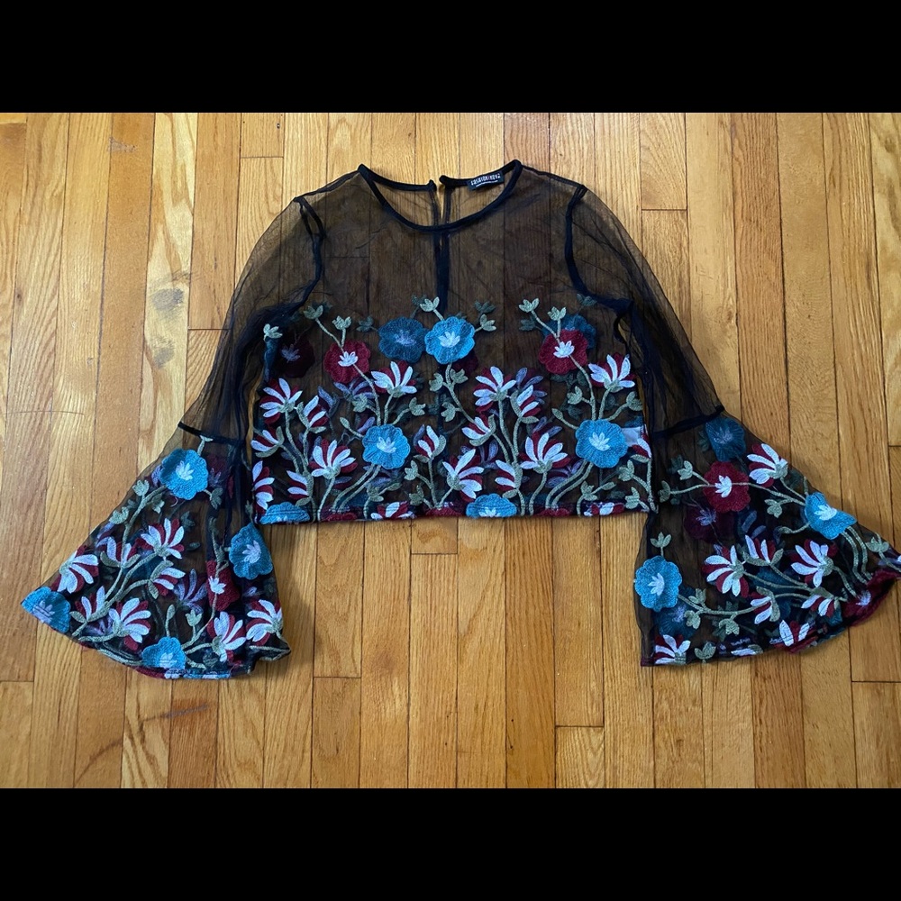 Bell Sleeves Floral Embroidered Crop Top